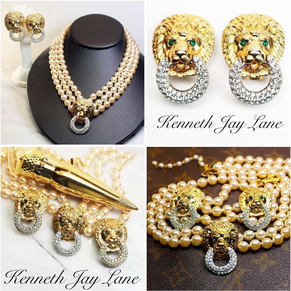 Kenneth Jay Lane Vintage 1986 Lion's Head Doorknocker Parure RARE EXQUISITE!